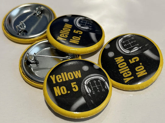 PACK of 5 pcs  -  Yellow No. 5 - Pinback Buttons 1.25 inches round STICK SHIFTER design