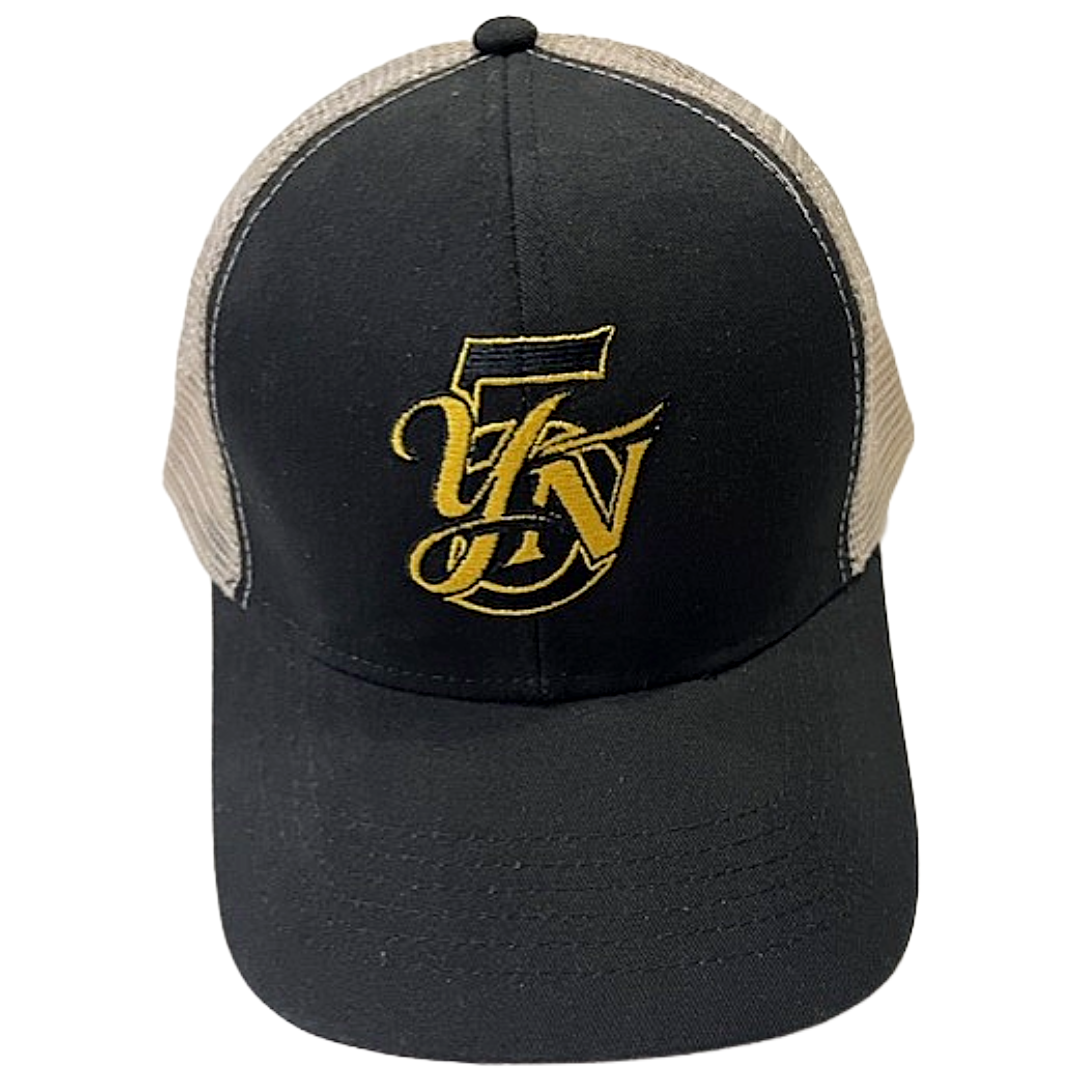 Yellow No. 5 Embroidered YN5 logo Trucker Mesh Back Cap Black/Light Khaki One Size Fits Most