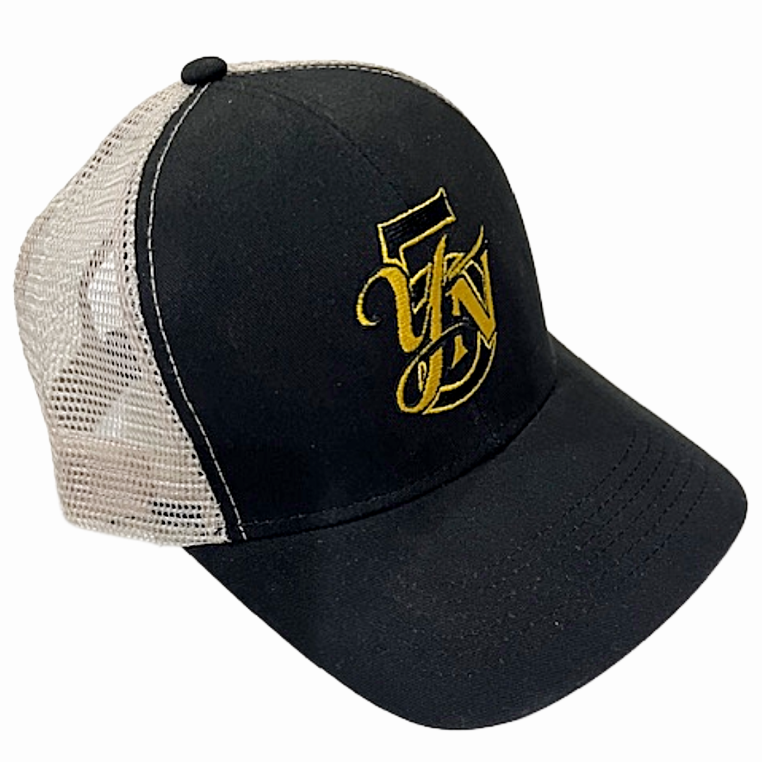Yellow No. 5 Embroidered YN5 logo Trucker Mesh Back Cap Black/Light Khaki One Size Fits Most