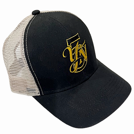 Yellow No. 5 Embroidered YN5 logo Trucker Mesh Back Cap Black/Light Khaki One Size Fits Most